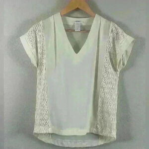 Esley Cream/light yellow V-Neck blouse knitted sides sheer Women’s size small